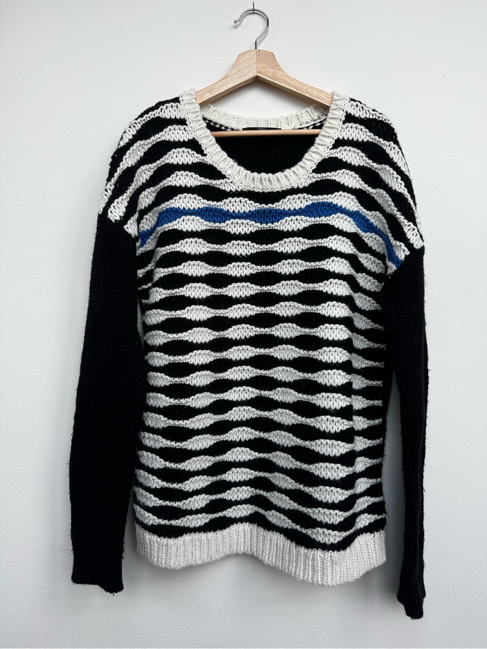 Tibi Black & White Striped Crewneck Sweater with Blue Accent